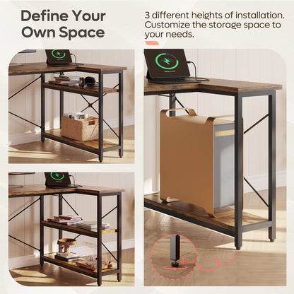 Bestier 120 x 90CM Wider Desktop L Shaped Desk with Power Outlets Small Corner Desk with Shelves Reversible Computer Desk Writing Table with Bookshelf for Home Office Small Space