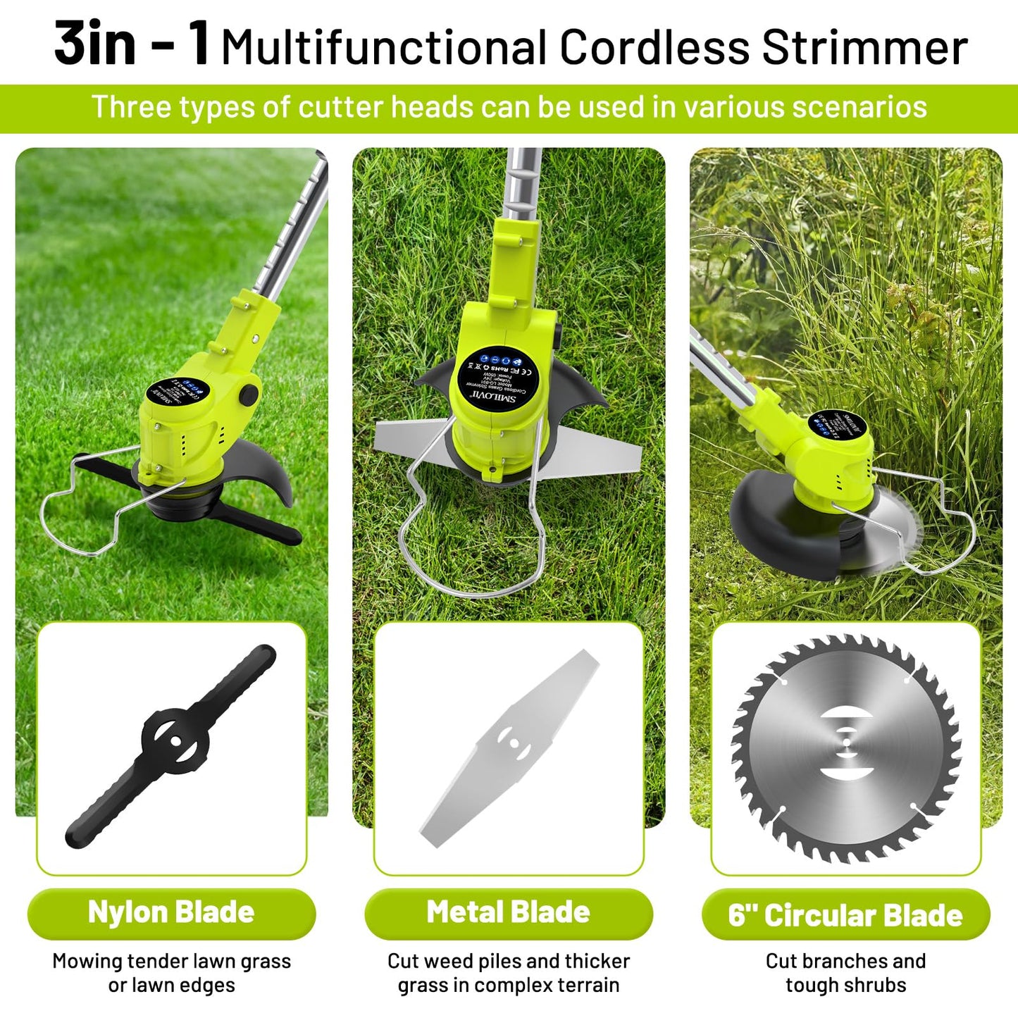 - VOERJIA 24V Metal Blade Strimmer, Telescopic Cordless Strimmer, 2x2000mAh Battery -