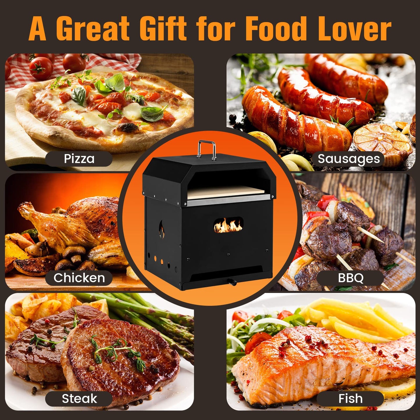 COSTWAY 4-in-1 Outdoor Pizza Oven, 2-Layer Detachable Grill Oven and Fire Pit With Pizza Stone, Pizza Peel, Cover & Cooking Grill Grate, Wood Fired Pizza Maker
