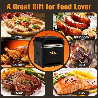 COSTWAY 4-in-1 Outdoor Pizza Oven, 2-Layer Detachable Grill Oven and Fire Pit With Pizza Stone, Pizza Peel, Cover & Cooking Grill Grate, Wood Fired Pizza Maker