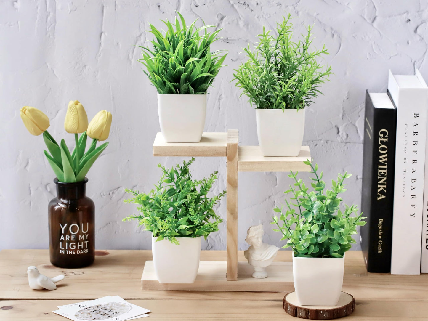Bafenli 4 Pack Mini Artificial Plants Greenery Potted Plastic Fake Plants for Home Bathroom Office Table Decor