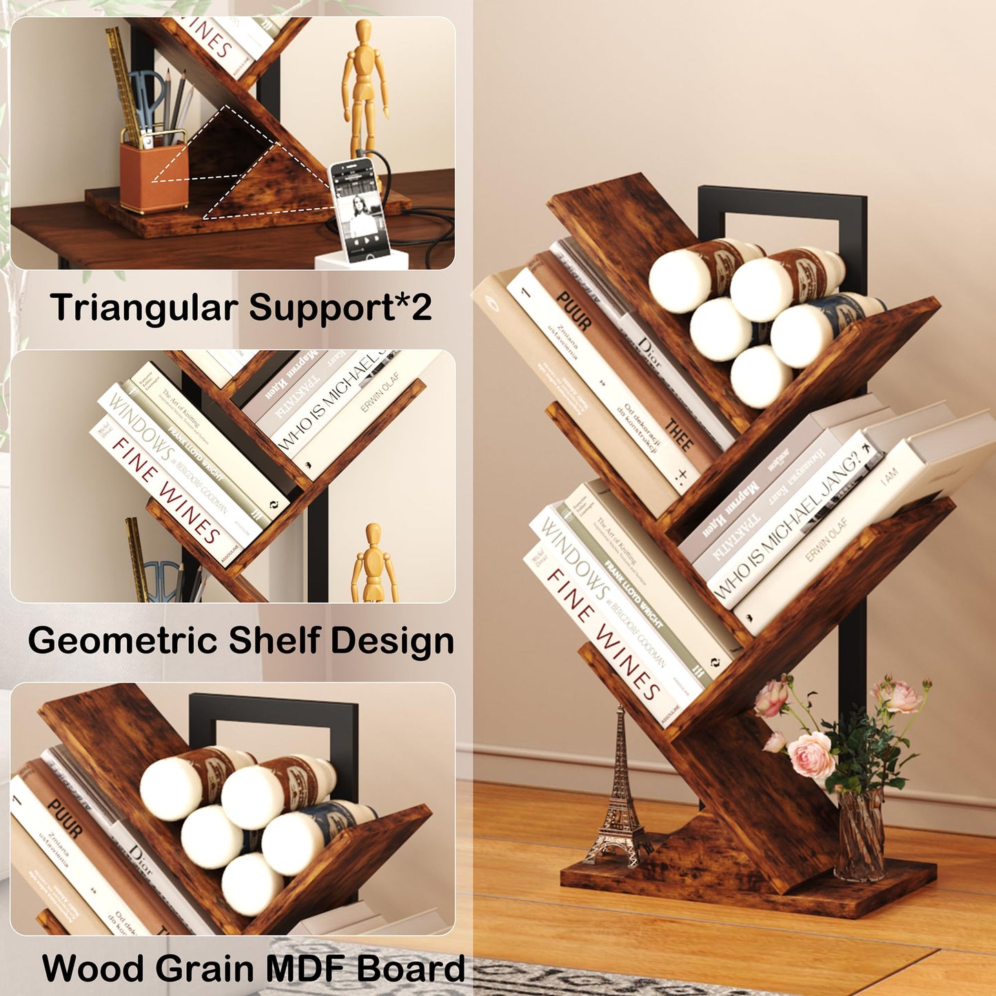 - Yusong Tree Bookshelf, 5-Tier Small Bookcase with Metal Frame, Geometric Floor Standing Books Shelves