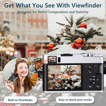 4K Digital Camera with Viewfinder & Flash, Autofocus 48MP Cameras for Photography Vlogging Camera for Adults Teens Compact Travel Camera with Classic Dial, Time Lapse, Selfie, 16X Zoom, 32GB SD Card