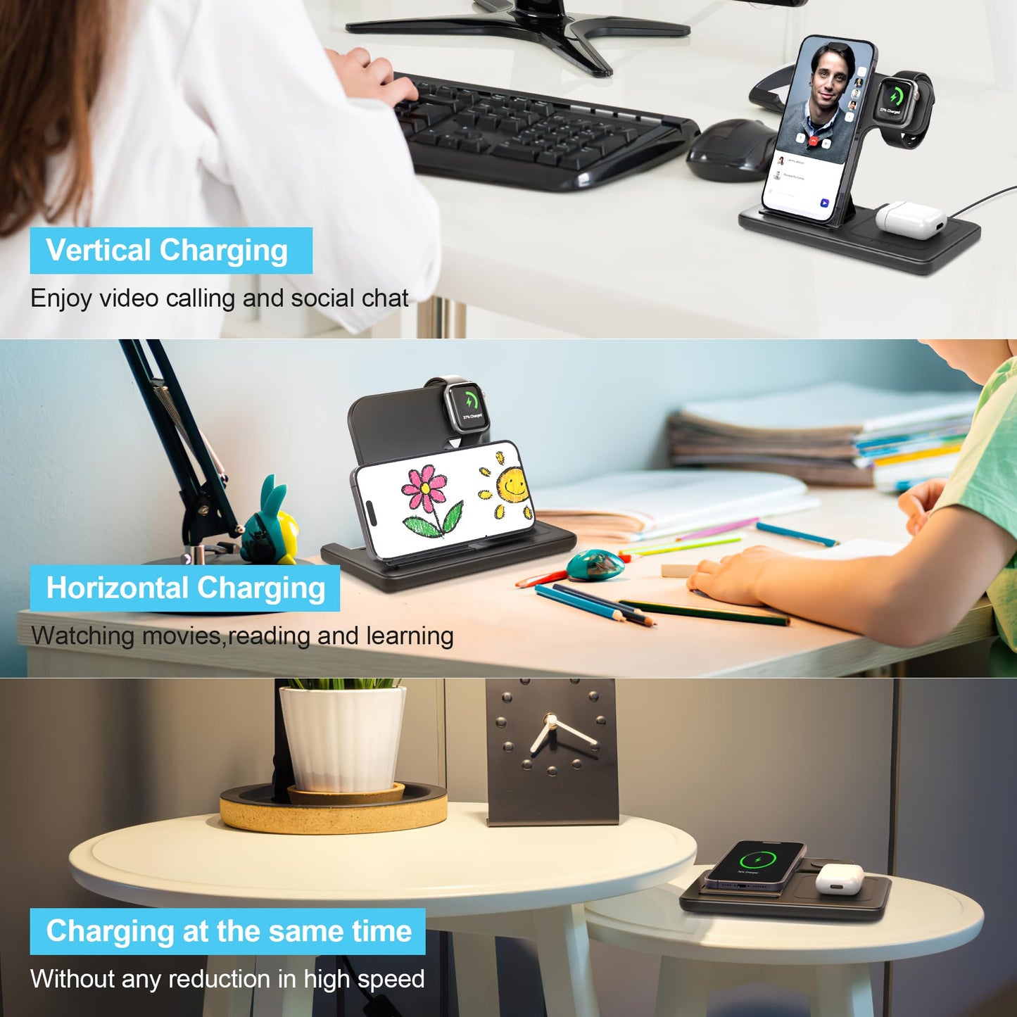 - Wireless Charger, 3 in 1 Charging Station, 15W Qi Fast Foldable Magnetic Stand Dock