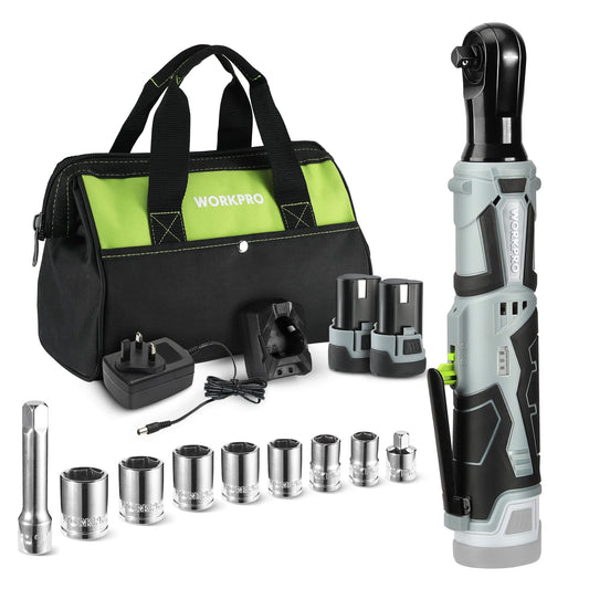 - WORKPRO Cordless Ratchet Wrench Set, 3/8" Cordless Ratchet with 7 Sockets, Extension Bar & Drive Adapter, 1H Fast Charger, 12V Powered Ratchet Wrench 55N.m with 2 Pack 2.0Ah Lithium-Ion Battery
