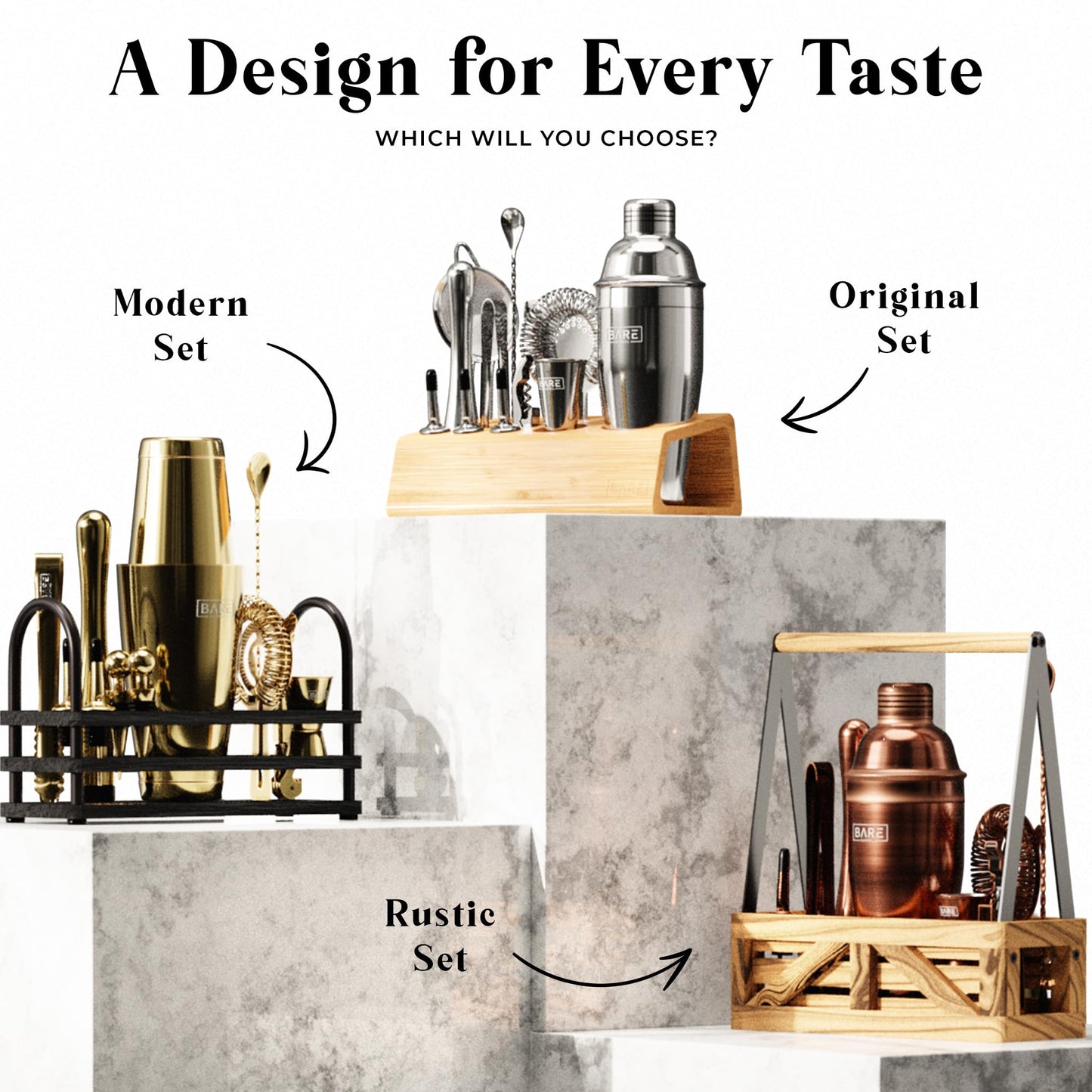 BARE BARREL® Cocktail Making Kit | 14-Piece Bartender Kit Cocktail Shaker Set Maker | Bamboo Display Stand & 35 Recipe Cards | Mixology Cocktail Gift Set (800ml/28oz Boston Shaker, Silver)