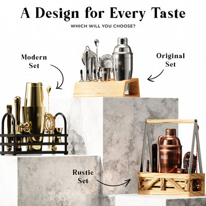 BARE BARREL® Cocktail Making Kit | 14-Piece Bartender Kit Cocktail Shaker Set Maker | Bamboo Display Stand & 35 Recipe Cards | Mixology Cocktail Gift Set (800ml/28oz Boston Shaker, Silver)