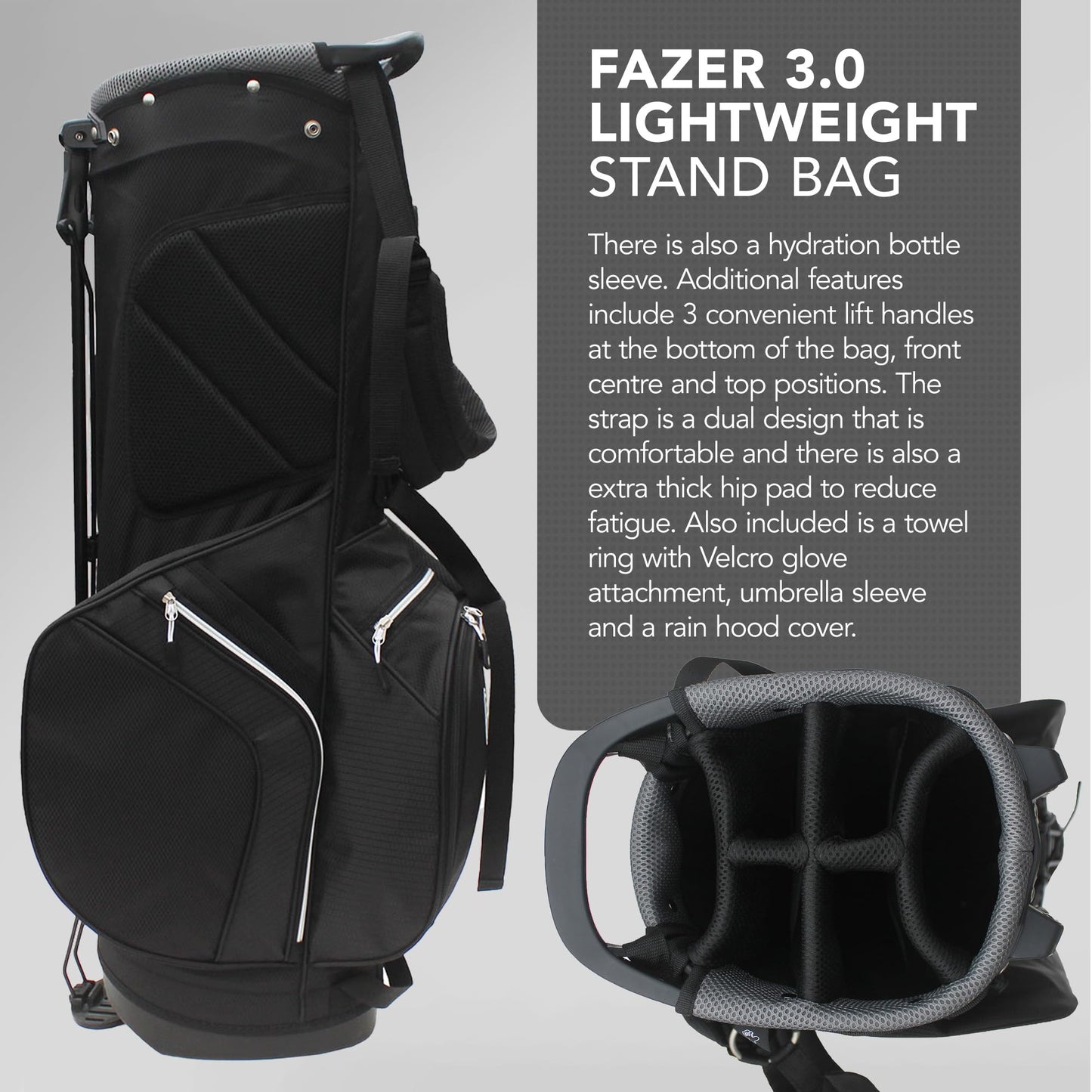 - FAZER 3.0 Lightweight Golf Stand Bag with a 6-Way Club Divider | Full-Length Club Dividers & 6 Zippered Pockets -