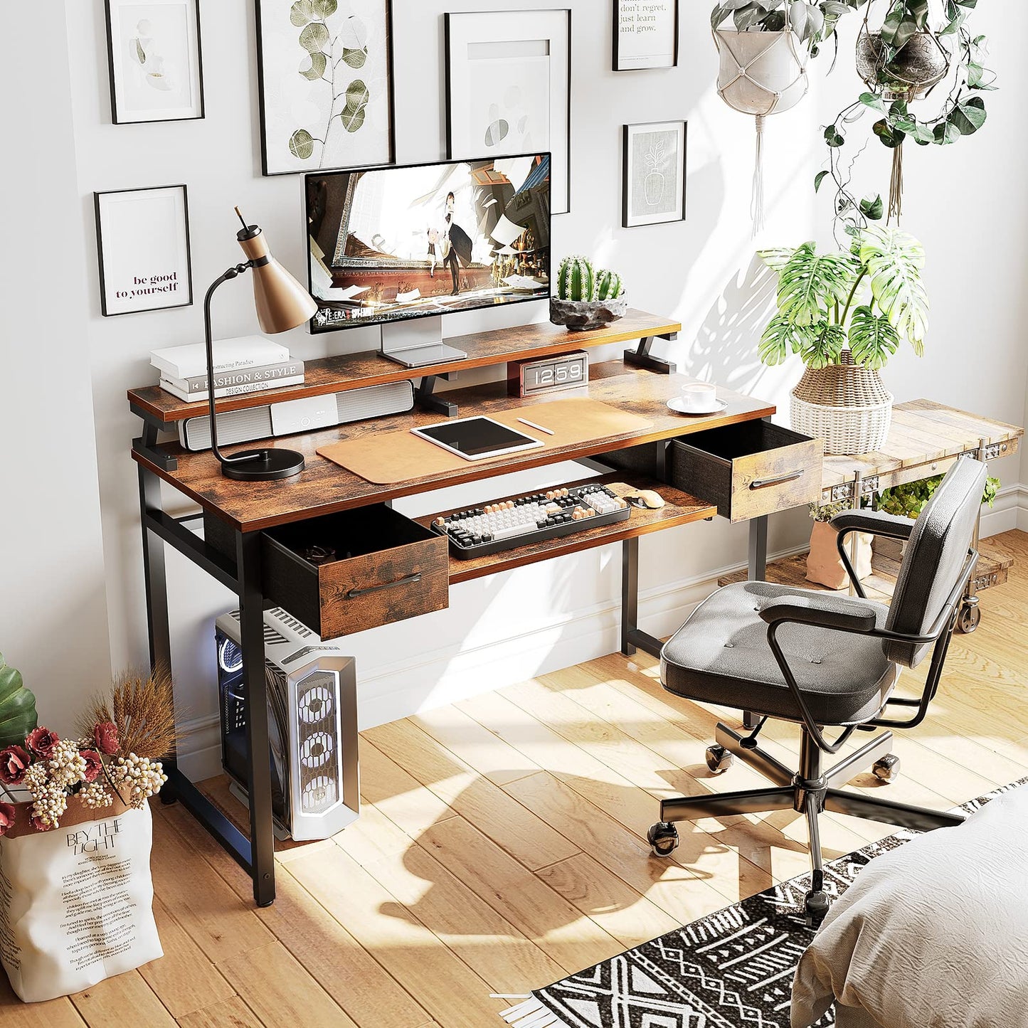 - ODK Computer Desk with Drawers | 48 Inch Office Desk with Keyboard Tray -