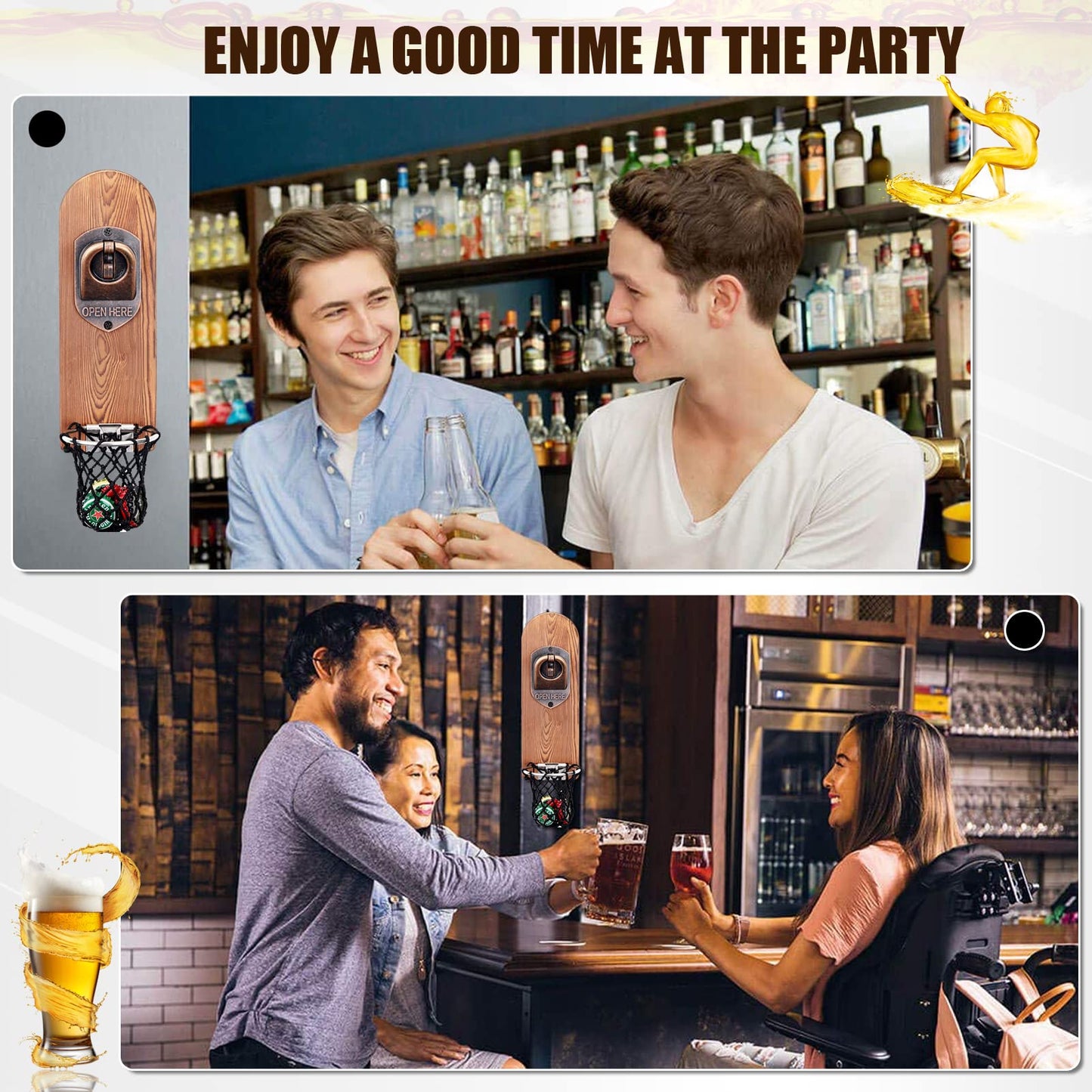 - ZONSUSE Magnetic Bottle Openers with Netting Catcher, Wall Mounted Wooden Beer Bottle Opener