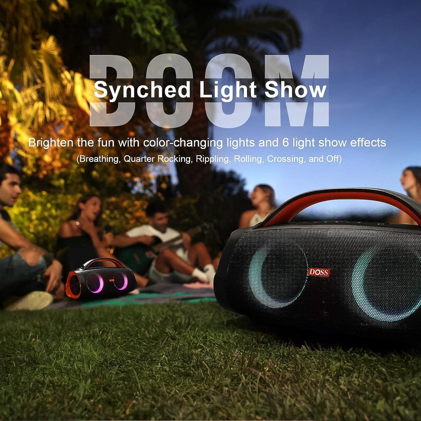 - DOSS Extreme Boom+ Outdoor Speaker with 100W Stereo Sound | Rich Bass | 20H Playtime | Power Bank | Mixed Color Light -