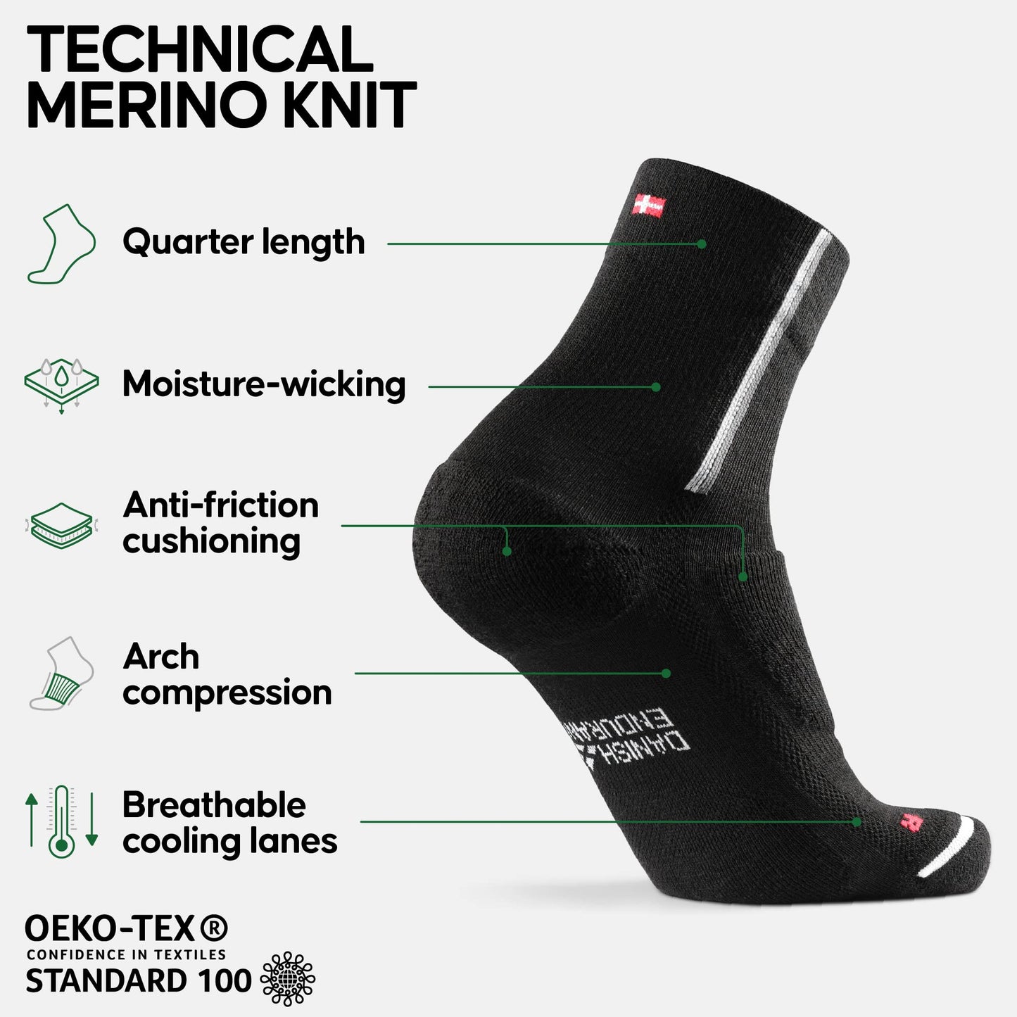 DANISH ENDURANCE Merino Wool Cyling Socks, Warm Thermal Bike Socks, Men & Women, 2 Pack, Black, 6-8