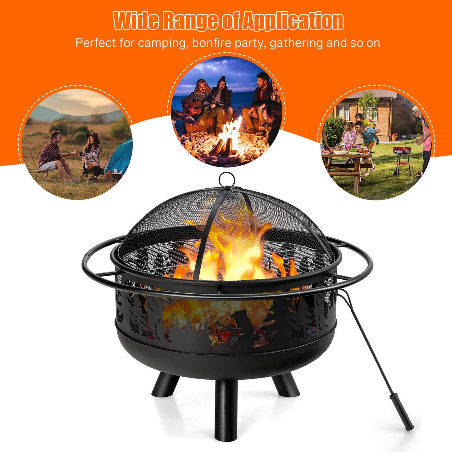 COSTWAY 77cm Large Fire Pit Bowl, 2 in 1 Wood Burning Firepit Brazier with Cooking Grill, Spark Guard and Fire Poker, Round Metal Log Heater Burner for Outdoor BBQ Camping Party