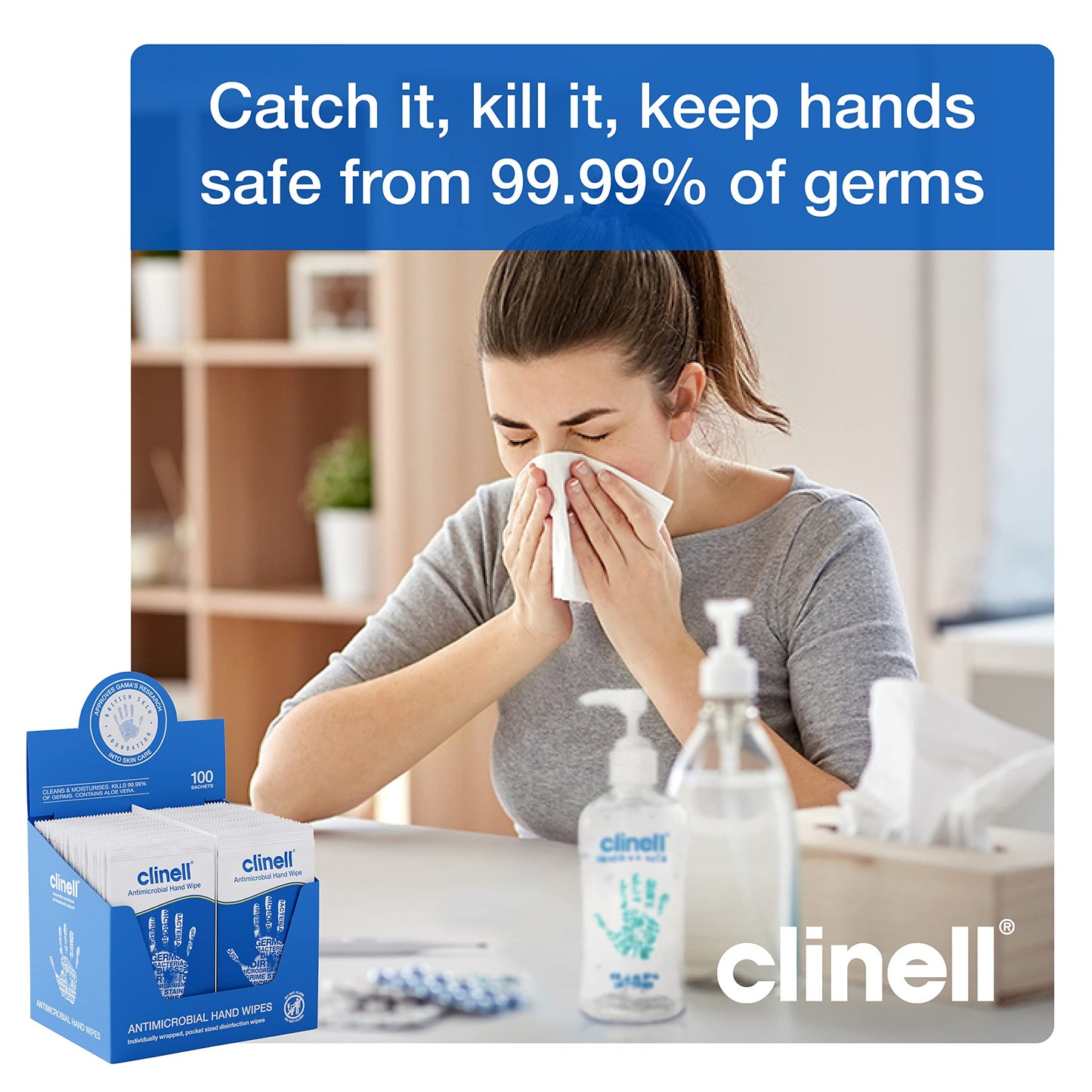 Clinell Antimicrobial Hand Wipes - Pack of 100 Individually Wrapped Sachets - Sanitising Wipes, Ideal for Travel - Dermatologically Tested, Kills 99.99% of Germs