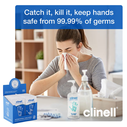 Clinell Antimicrobial Hand Wipes - Pack of 100 Individually Wrapped Sachets - Sanitising Wipes, Ideal for Travel - Dermatologically Tested, Kills 99.99% of Germs