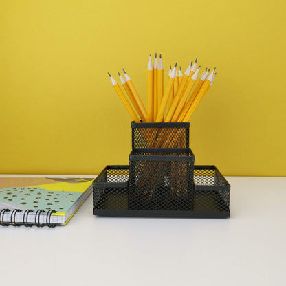 D.RECT Desk Organiser, Pen Holder, Metal Desk Organiser, Office Tray with Memo Holder, Mesh 103 x 154 x 103 mm, Black, (110446)