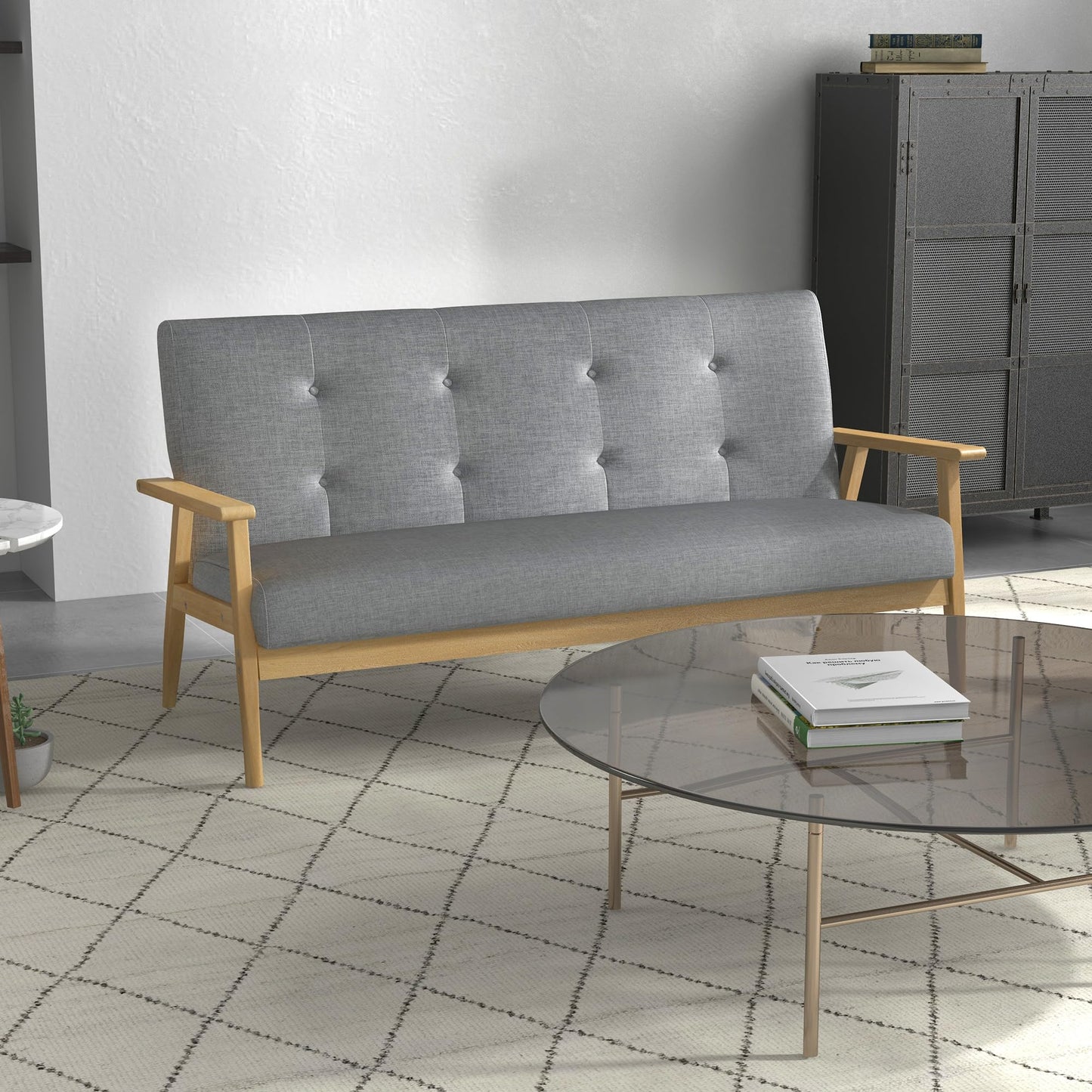- HOMCOM Modern 3 Seater Sofa | Linen Fabric Upholstery Tufted Couch | Rubberwood Legs Dark -