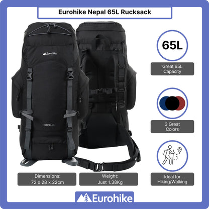 - Eurohike Nepal 65 Litre Rucksack | Ventilated Back Panel |  Padded Harness | 65L Backpack -