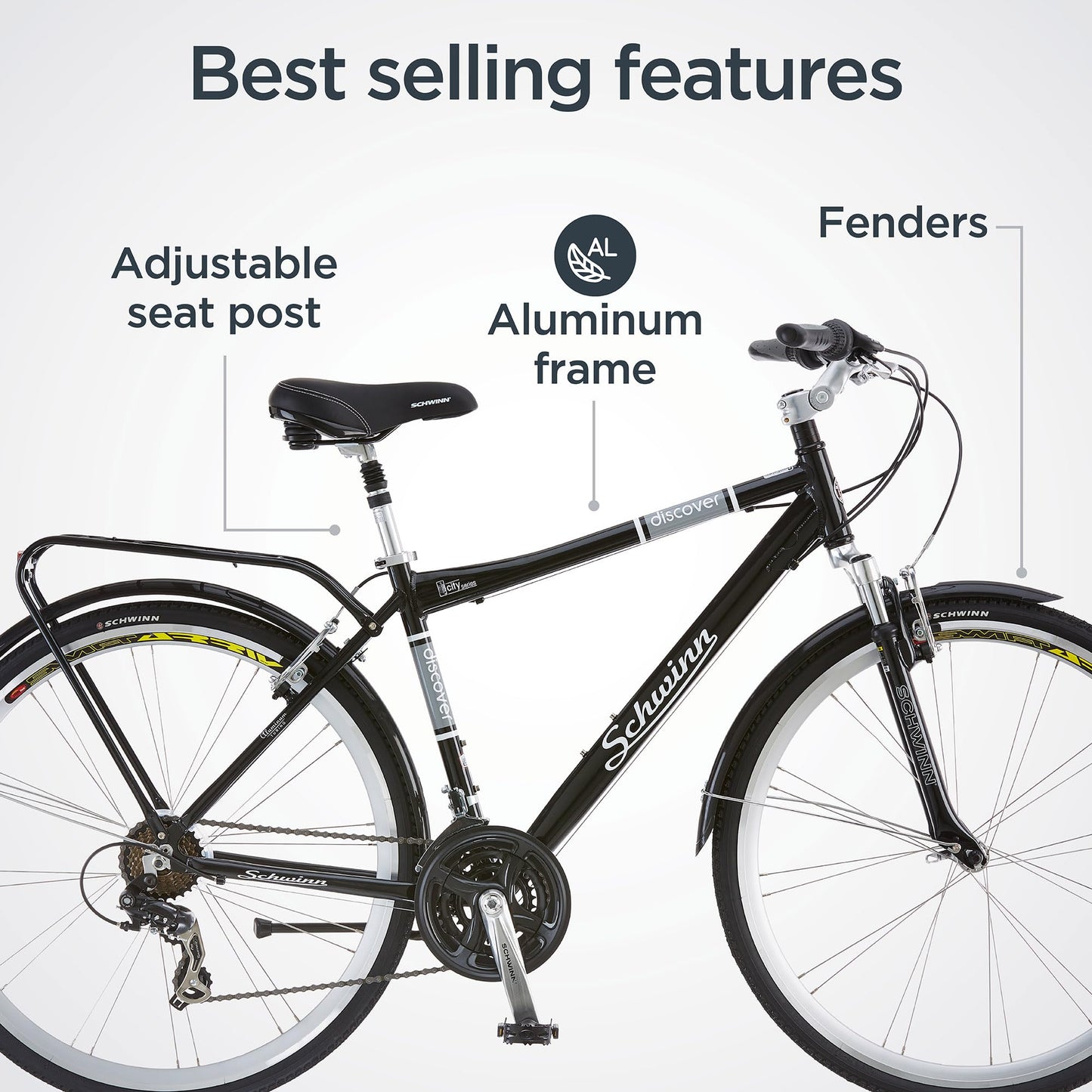 -  Schwinn Discover Adult Hybrid Bike for Men and Women | 700c Wheels, 21-Speeds | 19-Inch Aluminum Step-Over Frame | Front and Rear Fenders | Rear Cargo Rack | Black -
