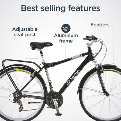 -  Schwinn Discover Adult Hybrid Bike for Men and Women | 700c Wheels, 21-Speeds | 19-Inch Aluminum Step-Over Frame | Front and Rear Fenders | Rear Cargo Rack | Black -
