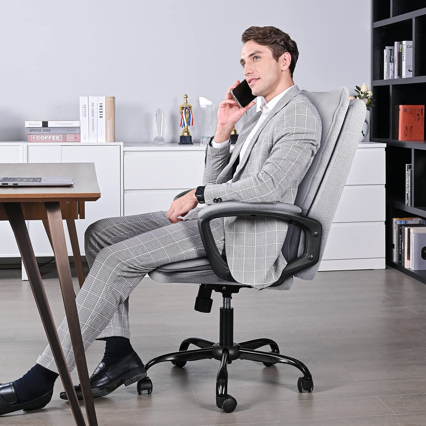BASETBL Office Chair for Home, Recline Extra Padded Comfy Desk Chair, Ergonomic Executive Computer Chair Skin-friendly Breathable Fabric Stylish Swivel Chair Gaming Work Chair Widen and Enlarge (Gray)