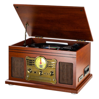 - 10-in-1 Bluetooth Record Player Multifunctional 3-Speed Turntable for Vinyl Record with Stereo Speaker,LP Vinyl to MP3 Converter with CD, Cassette Player,FM Radio,Wireless Music Streaming | Mahogany