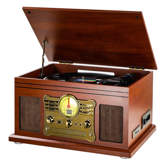 - 10-in-1 Bluetooth Record Player Multifunctional 3-Speed Turntable for Vinyl Record with Stereo Speaker,LP Vinyl to MP3 Converter with CD, Cassette Player,FM Radio,Wireless Music Streaming | Mahogany