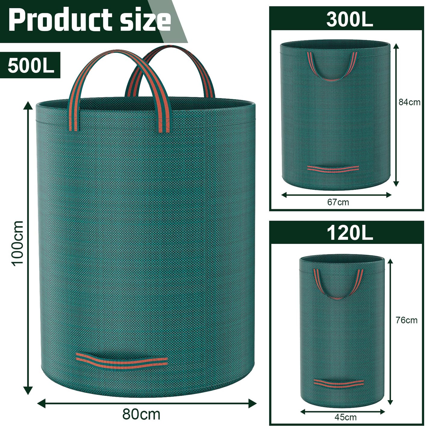 3 Sacks Garden Waste Bags Heavy Duty, Green Garden Waste Sacks Reusable, Industrial Fabric and Handles, Garden Refuse Rubbish Bag, Ideal for Collecting Plant waste grass and Leaves (500L*300L*120L)