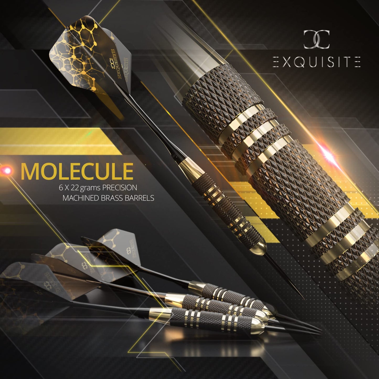 CC-Exquisite Professional Steel Tip Darts Set - 6 x 22g Brass Barrels with 12 Flights Standard/Slim, 12 Aluminum Shafts 35/48mm, 12 O-Rings, Dart Tool, Dart Sharpener and Case…