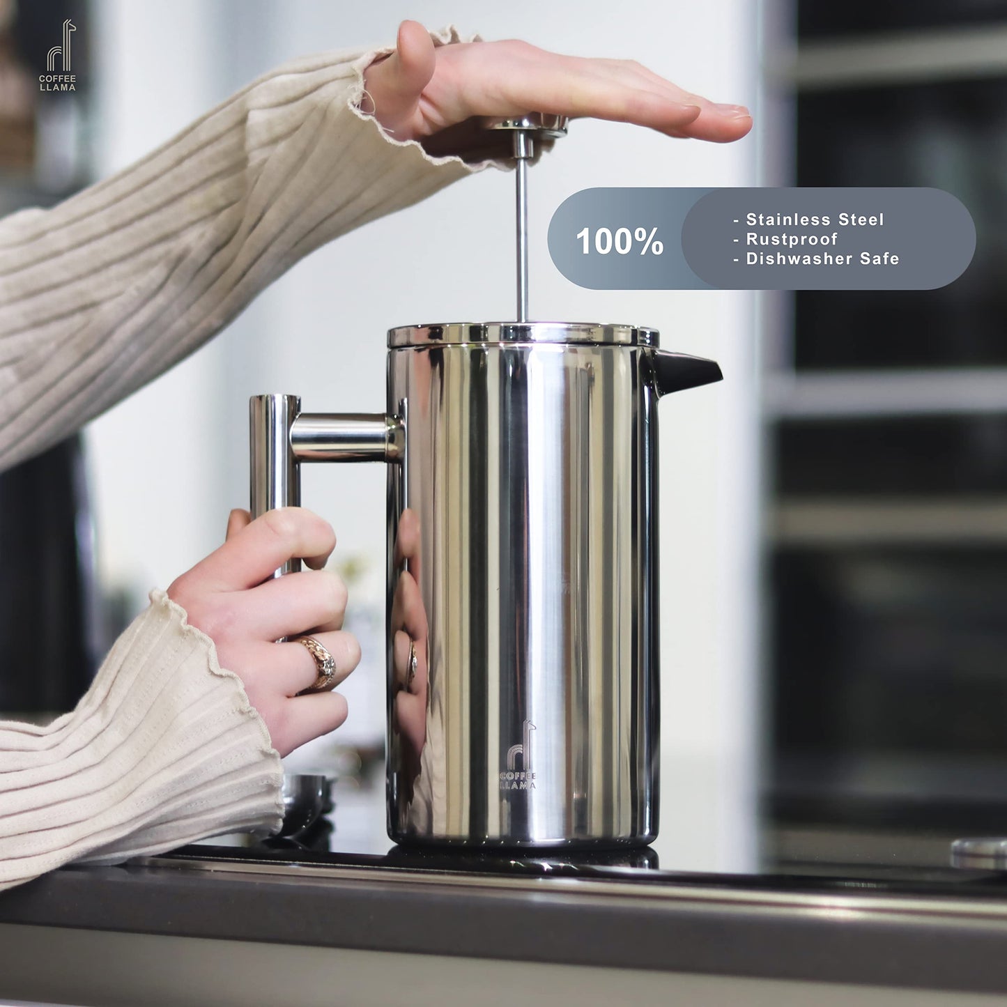 Coffee Llama™ French Press | 1 Litre | 8 Cups Cafetiere Doubled Walled Portable Stainless Steel Coffee Press for Home, Travel & Camping with 3 Extra Filters