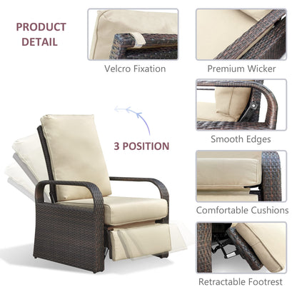 ATR ARTTOREAL Garden Recliner Chair,Patio Reclining Rattan Adjustable Position Height Armchair with Footrest and Backrest,Aluminum Frame,Brown Hand-woven Wicker,Khaki Color