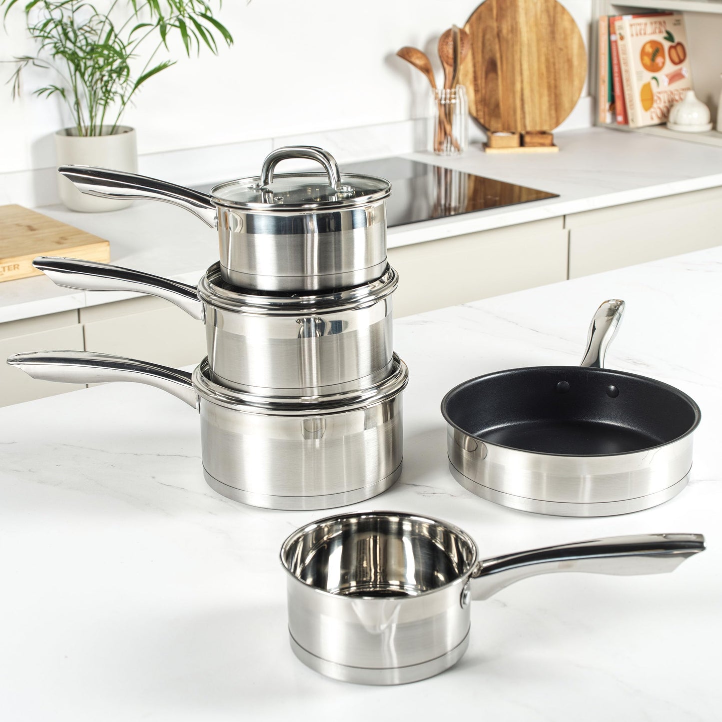 - Salter BW06746 Timeless 5 Piece Pan Set | Induction Hob Cooking Pots | Stainless Steel Cookware, 16, 18, 20 cm Saucepans, Milk Pan And 24cm Frying Pan -