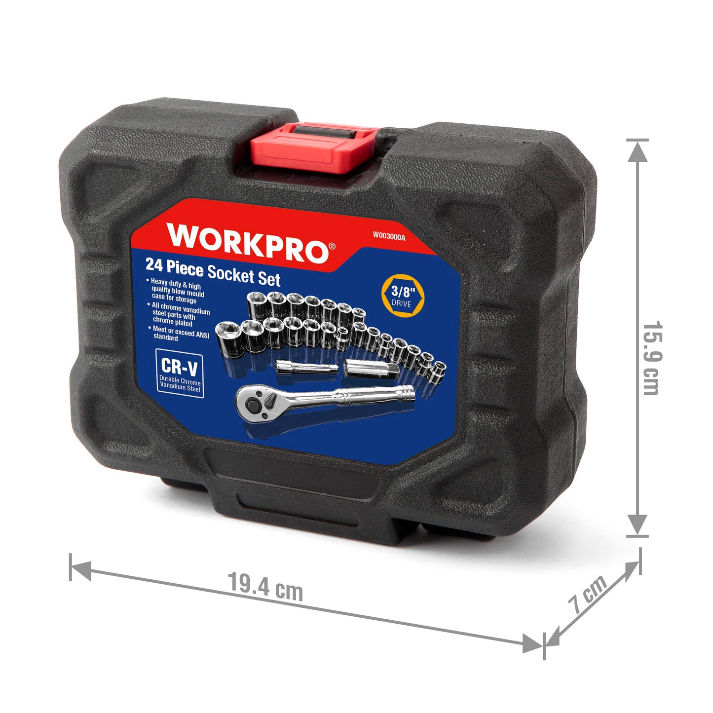 - WORKPRO 24PC Socket Set 3/8" Ratchet Drive Sockets Wrench, 11pc Metric & 10pc SAE Sockets, Extension Bar Spark Plug Rachet Set Spanners with Blow Molded Case