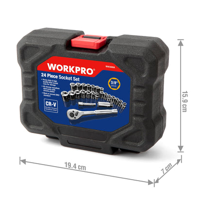 - WORKPRO 24PC Socket Set 3/8" Ratchet Drive Sockets Wrench, 11pc Metric & 10pc SAE Sockets, Extension Bar Spark Plug Rachet Set Spanners with Blow Molded Case