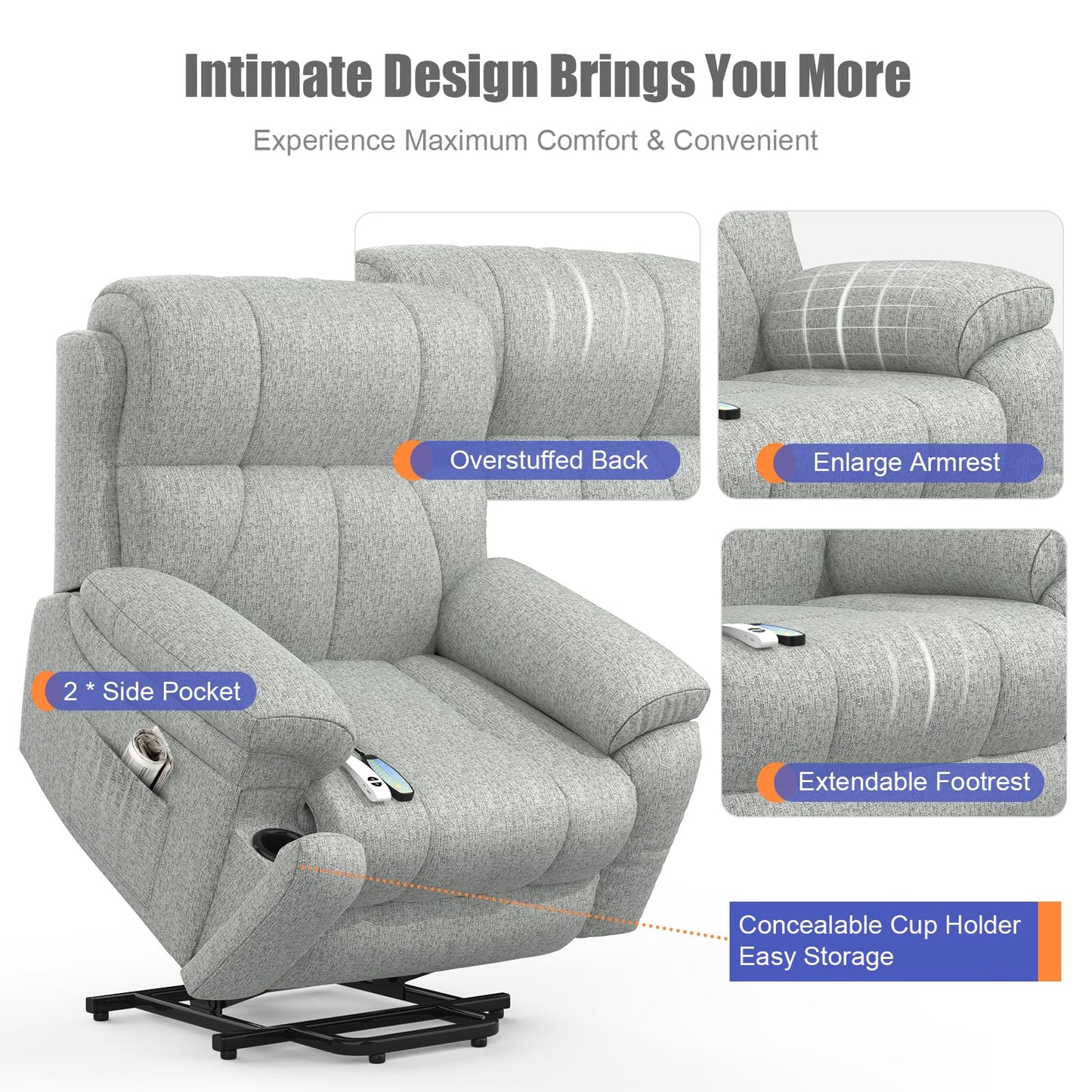 - YONISEE Lift Chair Recliners for Elderly, Recliner Chair with Massage & Heat, Extended Footrest, Oversized Recliners Armchair Lounge Sofa with Type C+USB Ports, Hidden Drink Holders, Dual Side Pockets