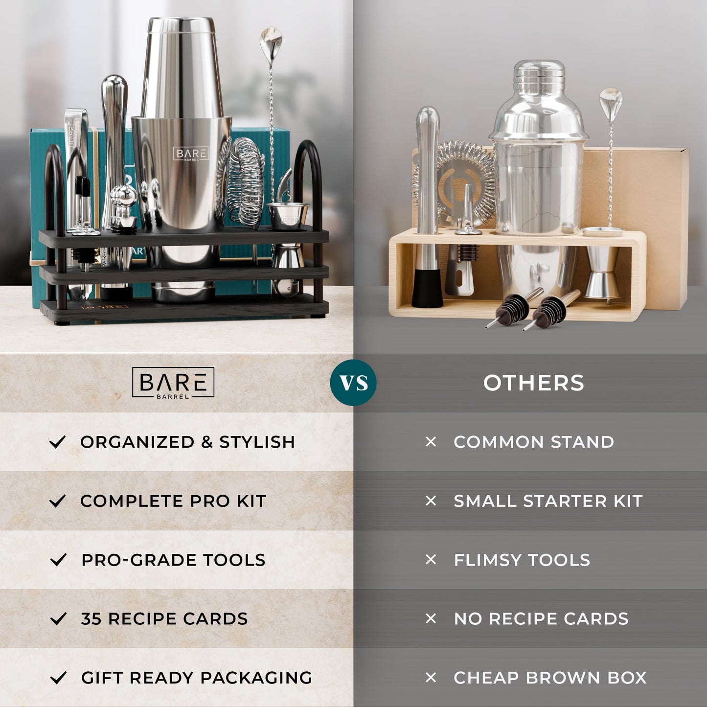 BARE BARREL® Cocktail Making Kit | 14-Piece Bartender Kit Cocktail Shaker Set Maker | Bamboo Display Stand & 35 Recipe Cards | Mixology Cocktail Gift Set (800ml/28oz Boston Shaker, Silver Black)