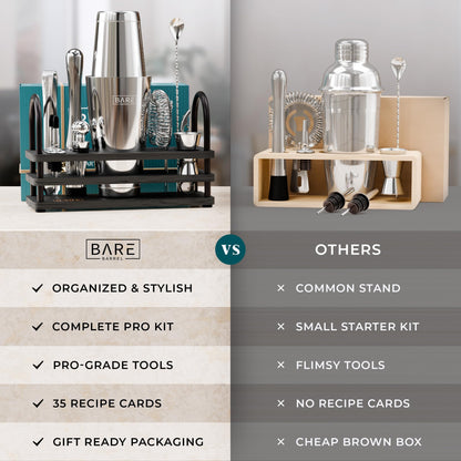 BARE BARREL® Cocktail Making Kit | 14-Piece Bartender Kit Cocktail Shaker Set Maker | Bamboo Display Stand & 35 Recipe Cards | Mixology Cocktail Gift Set (800ml/28oz Boston Shaker, Silver Black)