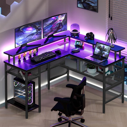 -Yornoli L Shaped Gaming Desk with Led Lights＆Power Outlet, 140cm Corner Gaming Desk for Home Office Computer Desk with Monitor Stand & Storage Shelves, Black