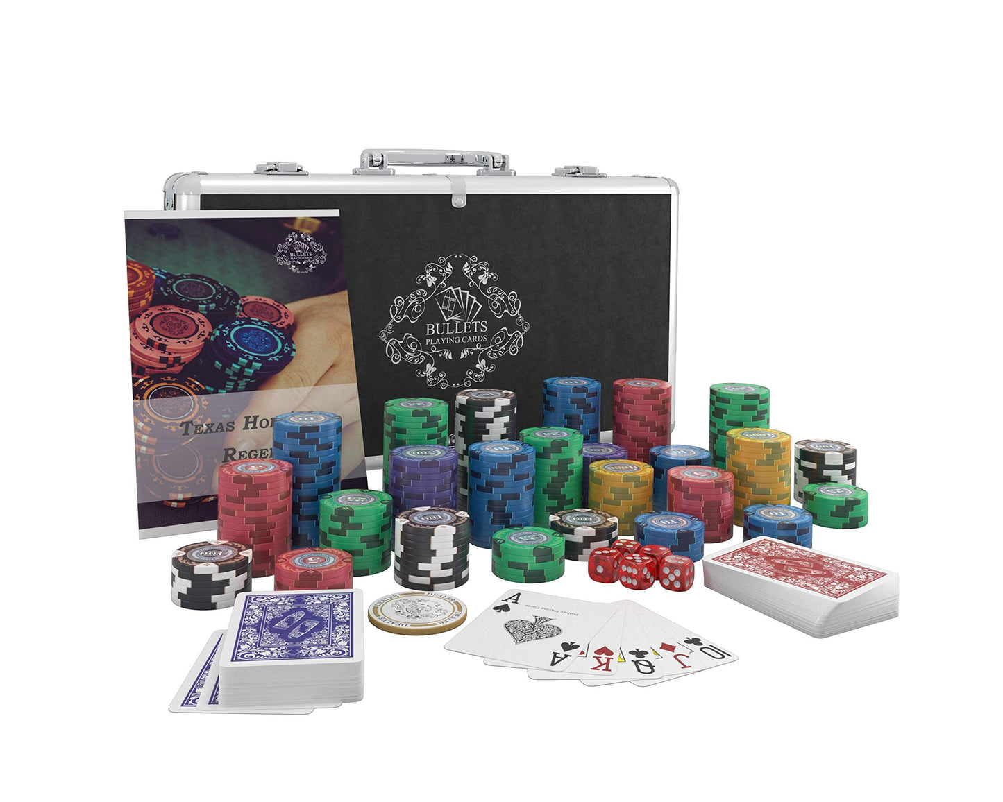 Bullets Playing Cards 'Tony' Poker Set with 300 Clay Poker Chips - including Ceramic Dealer Button, Double Pack of Bullets Poker Cards