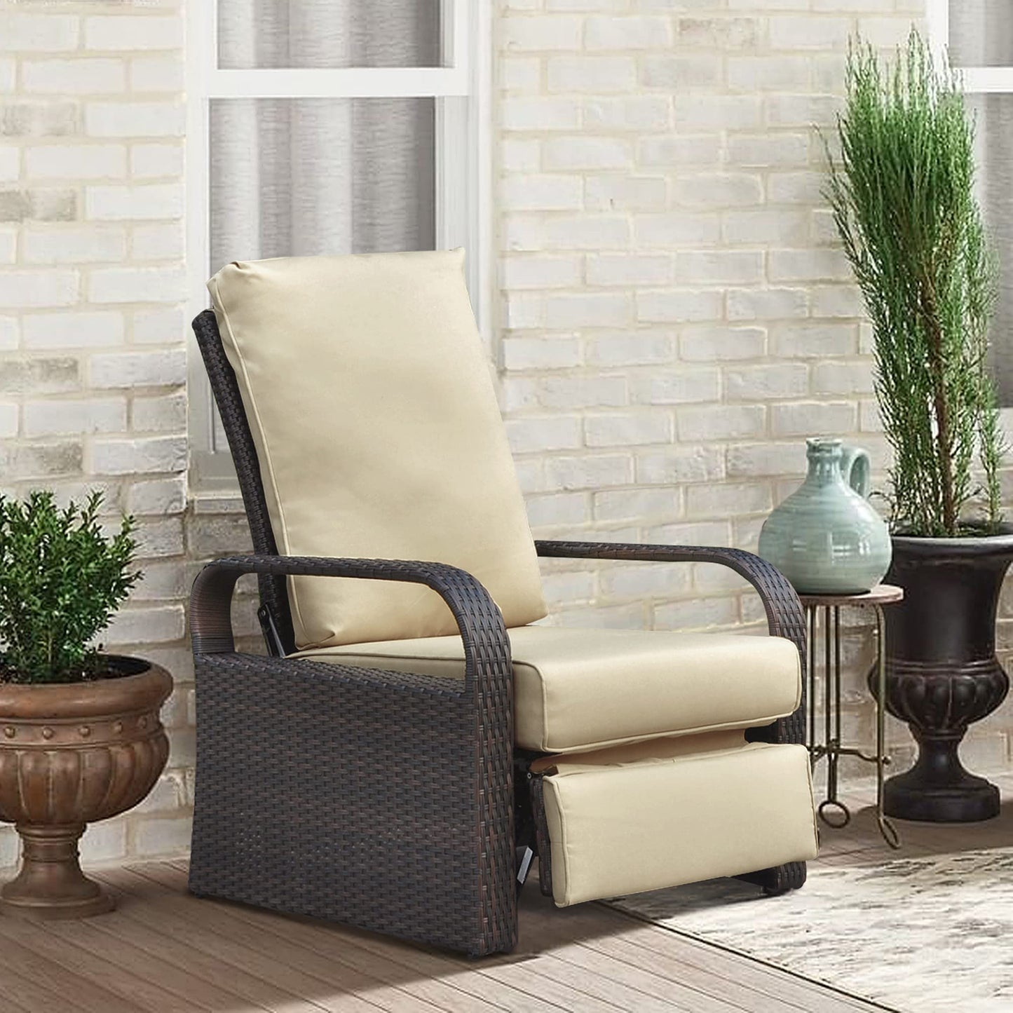 ATR ARTTOREAL Garden Recliner Chair,Patio Reclining Rattan Adjustable Position Height Armchair with Footrest and Backrest,Aluminum Frame,Brown Hand-woven Wicker,Khaki Color