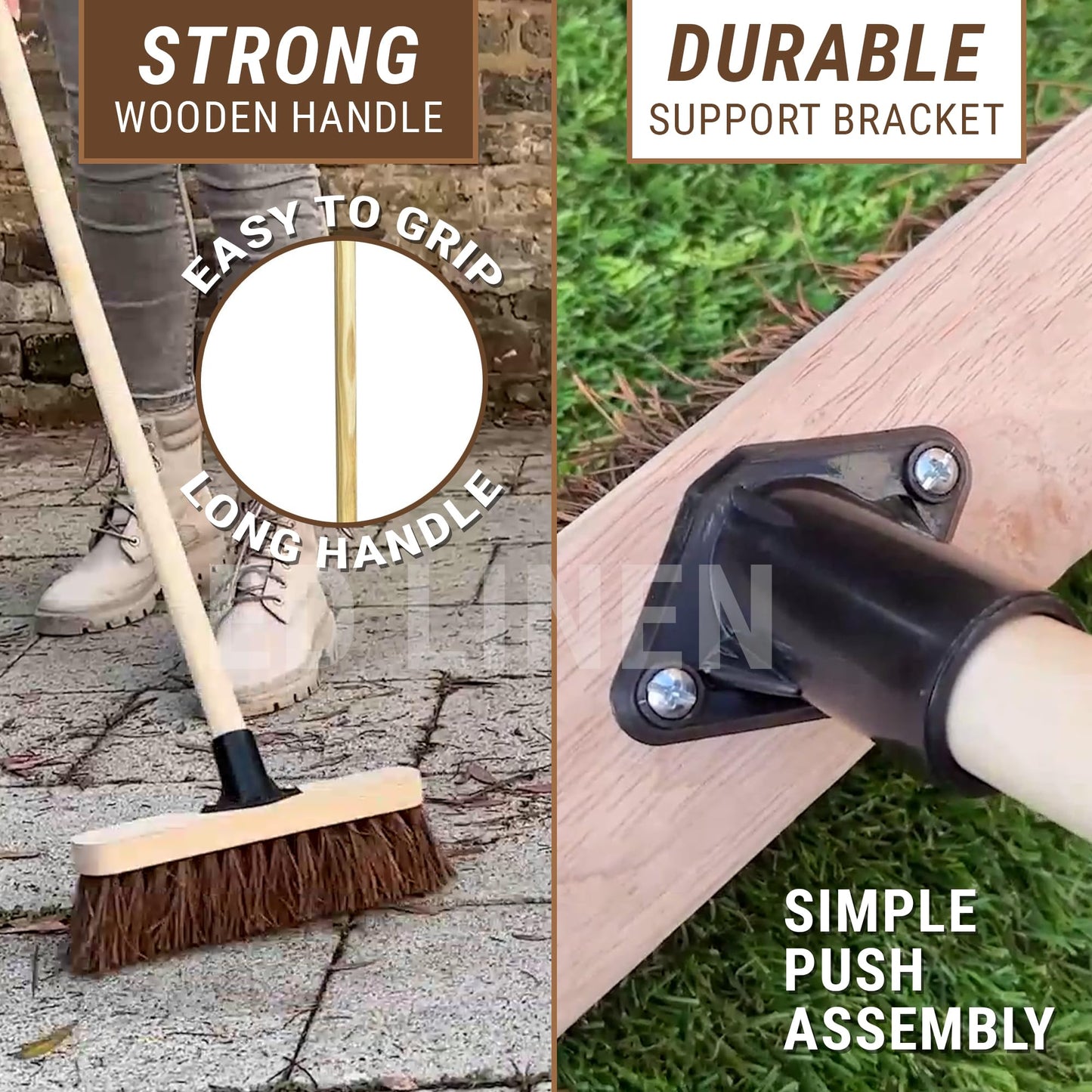 10” Outdoor Garden Broom with Wooden Handle Natural Stiff Bassine Hard Bristle Broom