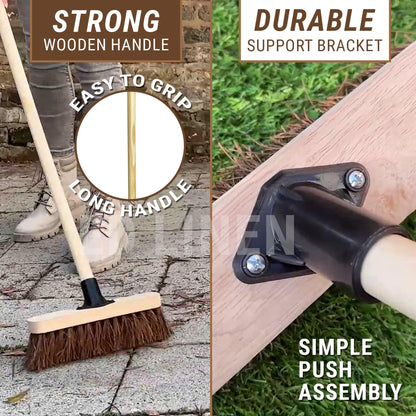 10” Outdoor Garden Broom with Wooden Handle Natural Stiff Bassine Hard Bristle Broom