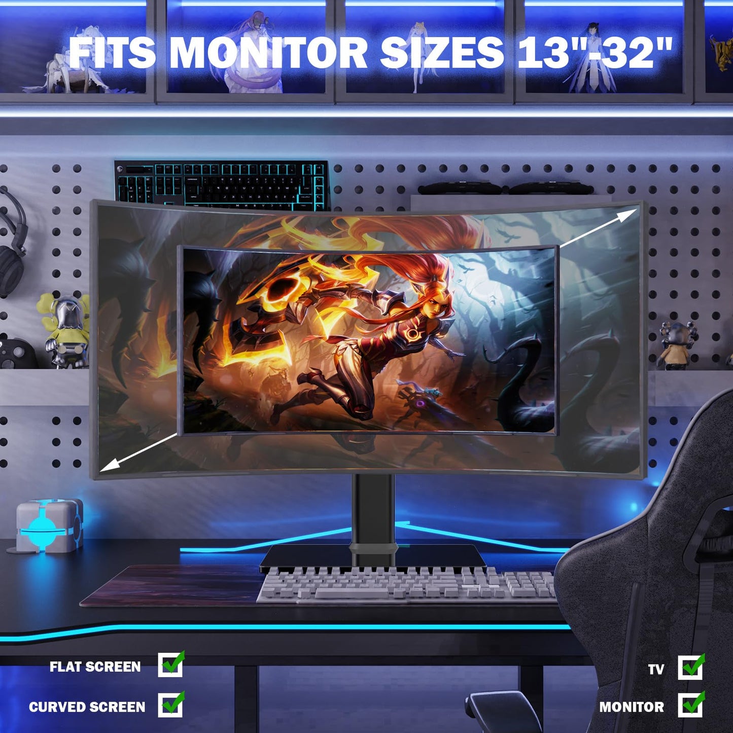 - Single LCD Computer Monitor Free-Standing Desk Stand Riser | 13 inch to 32 inch Screen -
