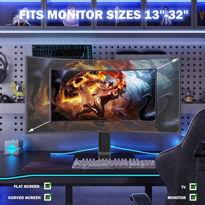 - Single LCD Computer Monitor Free-Standing Desk Stand Riser | 13 inch to 32 inch Screen -