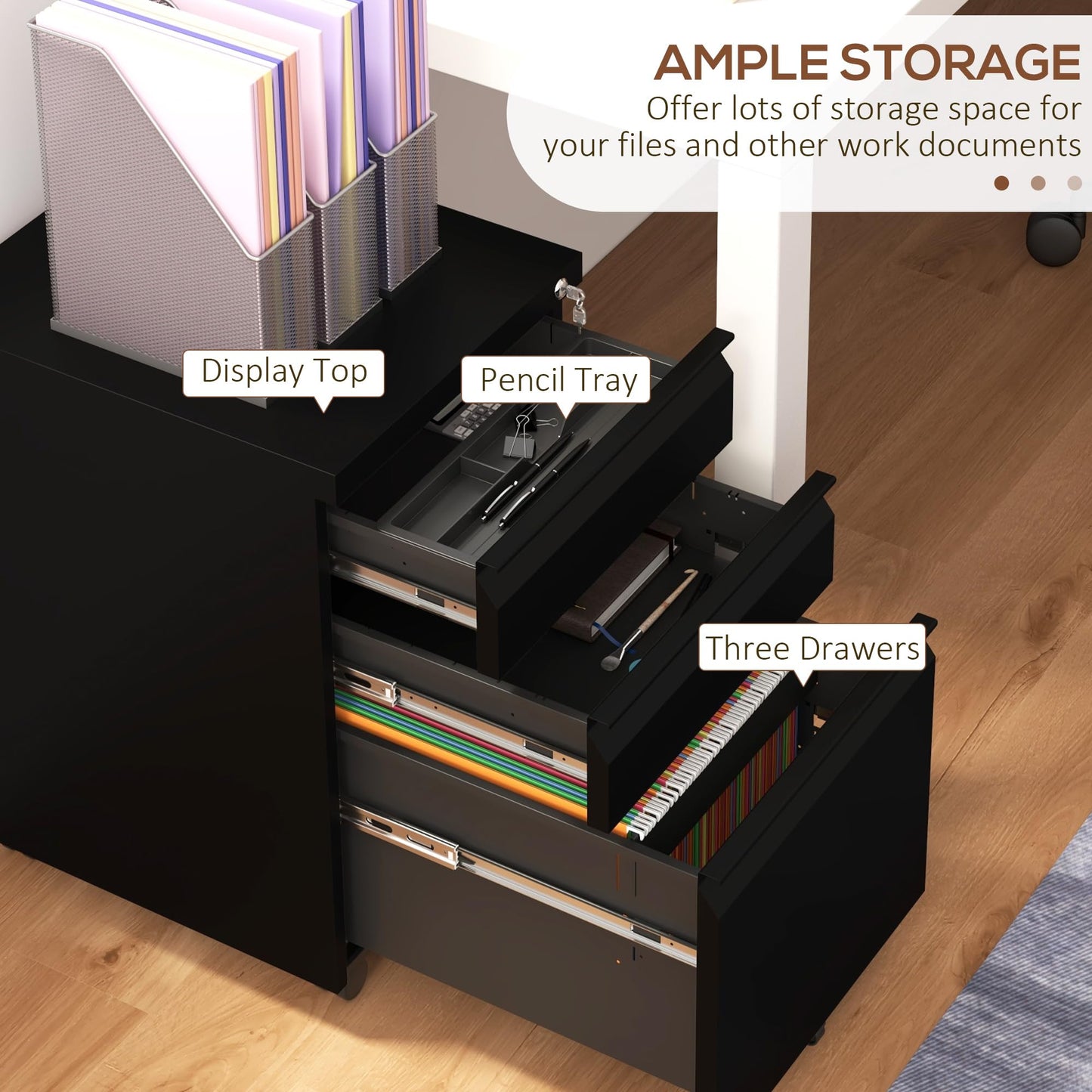 - Vinsetto 3-Drawer Mobile Filing Cabinet with Pencil Tray, Steel Lockable File Cabinet -