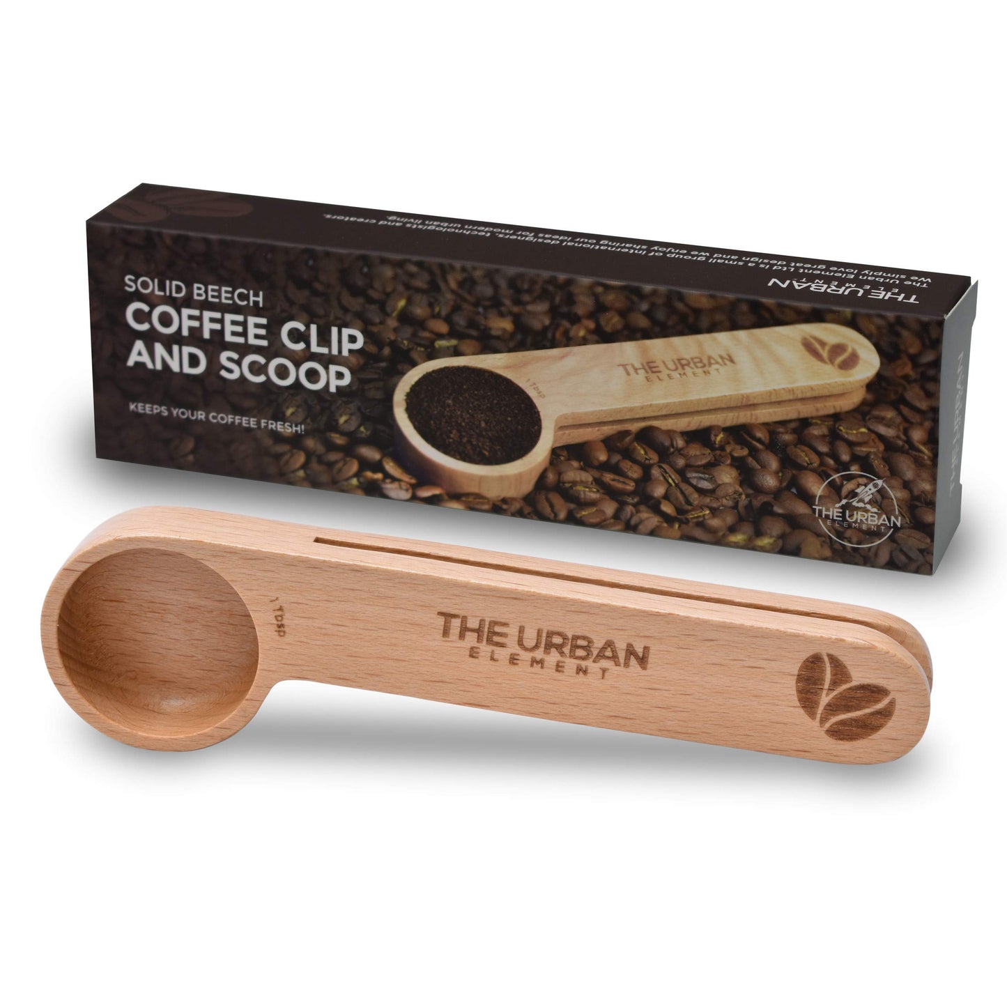 2 in 1 Wooden Coffee Scoop and Bag Clip - 1 Tablespoon Solid Beech Wood Measuring Scoop - Espresso Coffee Bags Sealer - Suitable for Ground Beans, Coffee Beans and Loose Tea - by The Urban Element