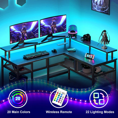 -Yornoli L Shaped Gaming Desk with Led Lights＆Power Outlet, 140cm Corner Gaming Desk for Home Office Computer Desk with Monitor Stand & Storage Shelves, Black
