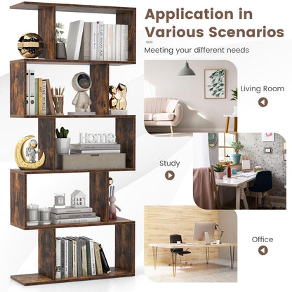 CASART 5/6 Tier Wooden Bookcase, Free Standing Shelving Stand Rack, S-Shaped Bookshelf Storage Display Unit