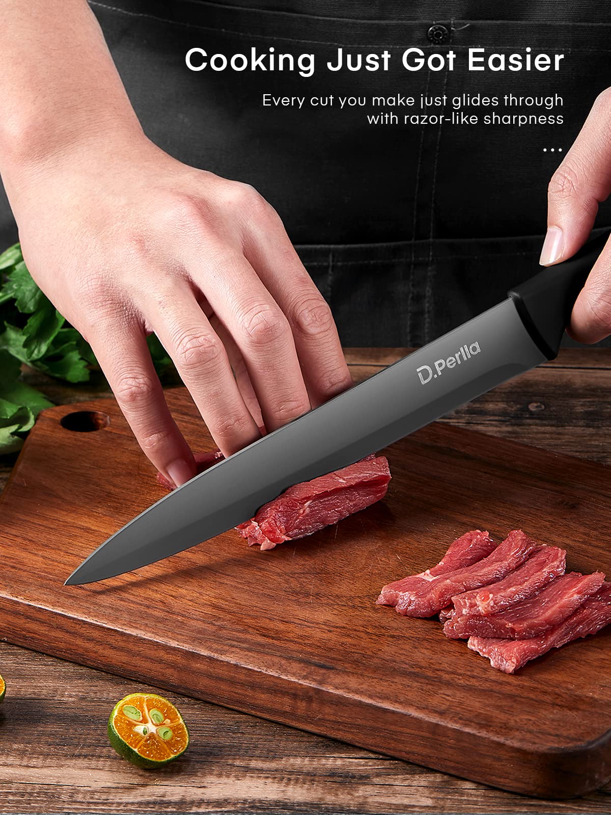 D.Perlla Knife Set with Block, 15 Pieces Kitchen Knife Set, Non Stick Black Colour Coating Stainless Steel Blade Knife Set, No Rust, Sharp Knife Block Set