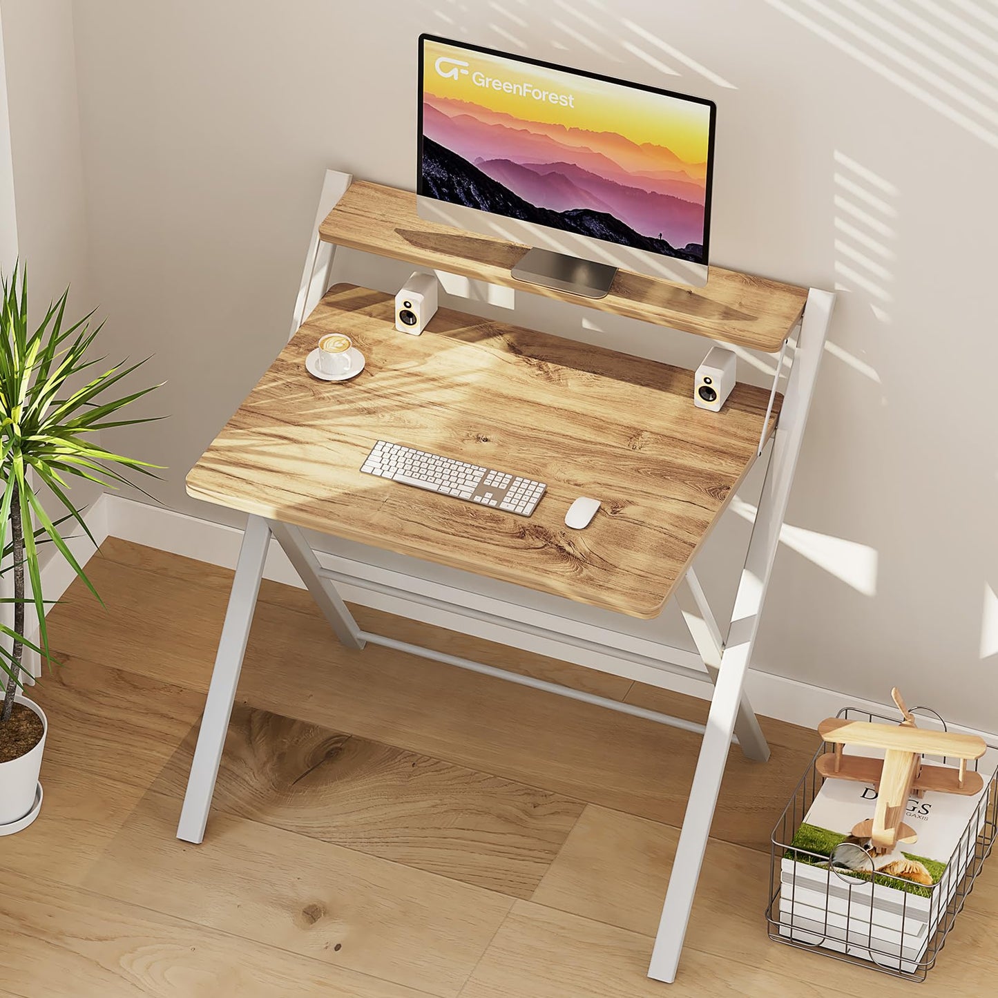 - GreenForest Folding Desk | Computer Desk | 2-Tier Shelf Laptop Foldable Table -